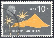 Stamp, Extinct Volcano and Palms, Saba, Netherlands Antilles,  , Landscapes, Palm-trees, Tourism, Volcanos