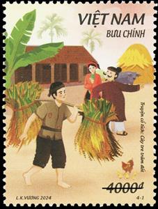 Stamp, Young Man Working Hard, Vietnam,  , Fairy Tales, Men, People, Plants (Flora), Women