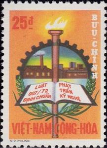 Stamp, Improve Technology, Vietnam, South,  , Books, Factories, Gears - Cogs Wheels, Industry, Torches, Wreaths