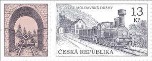 Stamp with Attached Label, Train with locomotive Louny at the railway station in Dubí, Czech Republic,  , Anniversaries and Jubilees, Locomotives, Railways, Steam Traction