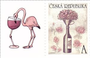 Stamp with Attached Label, Wine bottle as a vase, Czech Republic,  , Bottles, Flamingos, Flowers, Wine