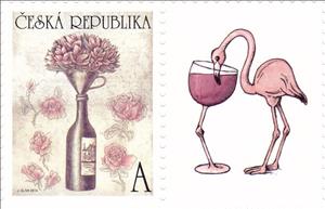 Stamp with Attached Label, Wine bottle as a vase, Czech Republic,  , Bottles, Flamingos, Flowers, Wine