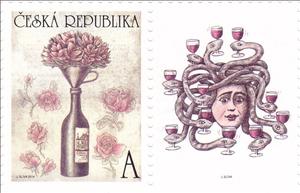 Stamp with Attached Label, Wine bottle as a vase, Czech Republic,  , Bottles, Faces, Flowers, Snakes, Wine