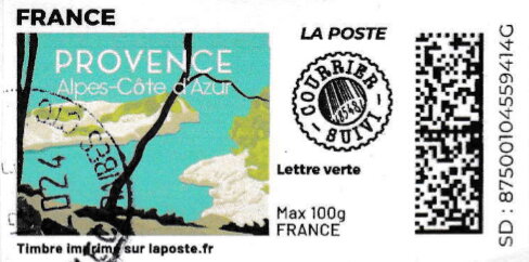 Stamp, Provence Alpes Cotes d'Azur no laposte logo Courrier Suivi, France,  , Coastal Areas, Landscapes