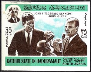 Stamp, John F. Kennedy & John Glenn, Hadhramaut, Kathiri (Seiyun),  , Famous People, Heads of State, Outer Space, Politicians, Космический корабли