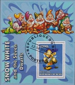 Souvenir Sheet, Disney Snow White and the Seven Dwarfs, Benin,  , Cartoons, Disney, Fairy Tales, Movies