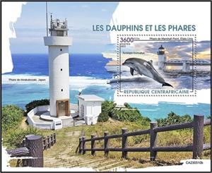 Souvenir Sheet, Tursiops truncatus and Marshall Point Light - USA, Central African Republic,  , Dolphins, Lighthouses
