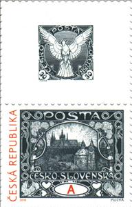 Stamp with Attached Label, Heritage of Czech Philatelic Design : Mucha's Hradcany, Czech Republic,  , Buildings, Castles, Churches - Cathedrals - Basilicas - Chapels, Philatelic Exhibitions, Stamps, Stylized Animals