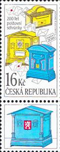 Stamp with Attached Label, Historic mailboxes, Czech Republic,  , Anniversaries and Jubilees, Letters (Mail), Mailboxes, Postal Services