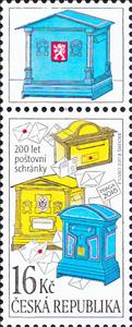 Stamp with Attached Label, Historic mailboxes, Czech Republic,  , Anniversaries and Jubilees, Letters (Mail), Mailboxes, Postal Services