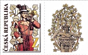 Stamp with Attached Label, Postman from the fresco in the Hall of the Main Post Office, Czech Republic,  , Post Horns, Post Offices, Postal History, Postmen