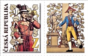 Stamp with Attached Label, Postman from the fresco in the Hall of the Main Post Office, Czech Republic,  , Post Horns, Post Offices, Postal History, Postmen