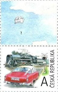 Stamp with Attached Label, Retro Transportation "A", Czech Republic,  , Cars, Locomotives, Parachute Jumping, Railways