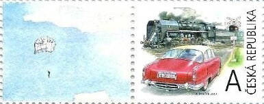 Stamp with Attached Label, Retro Transportation "A", Czech Republic,  , Cars, Locomotives, Parachute Jumping, Railways