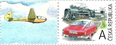 Stamp with Attached Label, Retro Transportation "A", Czech Republic,  , Aircraft, Cars, Locomotives, Railways