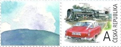 Stamp with Attached Label, Retro Transportation "A", Czech Republic,  , Cars, Locomotives, Railways