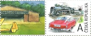 Stamp with Attached Label, Retro Transportation "A", Czech Republic,  , Aircraft, Cars, Locomotives, Railways
