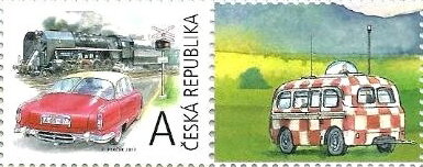 Stamp with Attached Label, Retro Transportation "A", Czech Republic,  , Buses, Cars, Locomotives, Railways