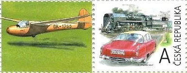 Stamp with Attached Label, Retro Transportation "A", Czech Republic,  , Aircraft, Cars, Locomotives, Railways