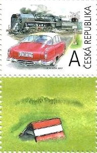 Stamp with Attached Label, Retro Transportation "A", Czech Republic,  , Cars, Locomotives, Railways