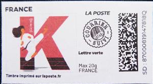 Stamp, Letter K Karate. Redesign no logo. Courrier suivi, France,  , Karate, Letters (Alphabet), Sports
