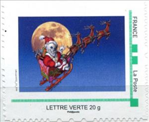 Stamp, Painting of white cat santa and reindeer, France,  , Animals (Fauna), Cats, Christmas, Mammals, Paintings