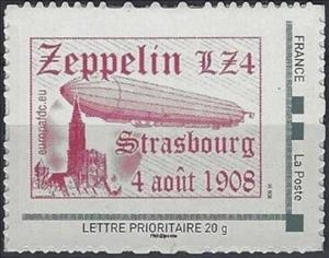 Stamp, Zeppelin LZ4 Strasbourg 4 August 1908, France,  , Zeppelins