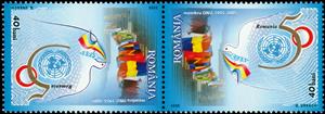 Tete-Beche, 50 Years Since Romania Became a UN Member, Romania,  , Anniversaries and Jubilees, Flags, Peace Doves, U.N.O.