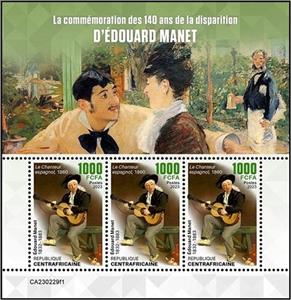 Mini Sheet, The Spanish Singer (1860), Central African Republic,  , Anniversaries and Jubilees, Painters