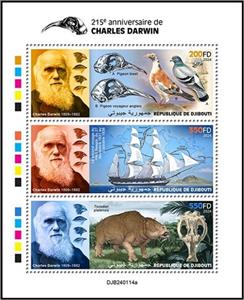 Mini Sheet, 215th Anniversary of the Birth of Charles Darwin, Djibouti,  , Anniversaries and Jubilees, Explorers