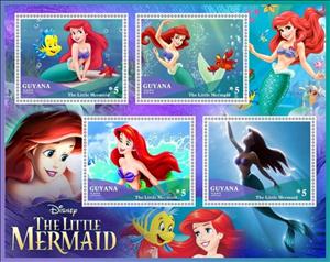 Mini Sheet, Scenes from The Little Mermaid, Guyana,  , Cartoons, Disney, Mermaids