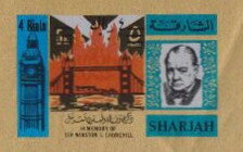 Stamp, Big Ben, Tower Bridge and Tower, London, Sharjah,  , Authors, Bridges, Famous People, Literary People (Poets and Writers), Literature, Nobel Laureates, Politicians