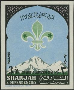 Stamp, Boy Scout Emblem over Snowy Mountains, Sharjah,  , Scouting