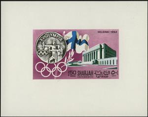 Souvenir Sheet, Helsinki, Sharjah,  , Buildings, Flags, Olympic Games, Sports