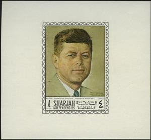 Souvenir Sheet, Portrait of John F. Kennedy, by Norman Rockwell, Sharjah,  , Famous People, Heads of State, Paintings