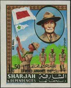 Stamp, Scout at Flag Parade, Robert Baden-Powell, Sharjah,  , Famous People, Scouting