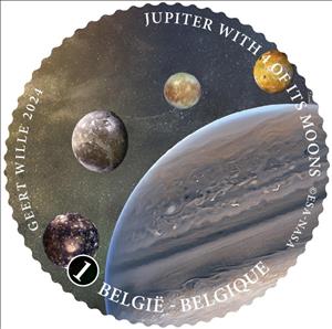 Stamp, Jupiter and 4 Moons of Jupiter, Belgium,  , Astronomy, Planets, Round Stamps