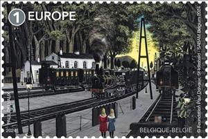 Stamp, The Forest Station by Paul Delvaux, Belgium,  , Art