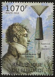 Stamp, Aeronautics Pioneers - André Jaques Garmerin, Burundi,  , Air Balloons, Aviation, Famous People, Изобретатели, Transport