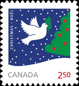 Stamp, Dove with an Olive Branch by Rolf Harder, Canada,  , Birds, Christmas, Peace Doves, Pigeons, Stylized Animals, Trees