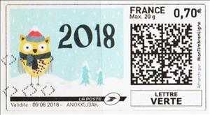 Stamp, 2018 New Year, Owl in colour, France,  , Animals (Fauna), Birds, Birds of Prey, New Year, Owls