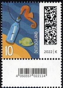 Stamp with Attached Label, Letter in a Bottle, Germany, Federal Republic,  , Animals (Fauna), Bottles, Fishes, Letters (Mail), Sea Life, Seahorses
