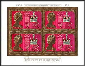 Mini Sheet, 25th Anniversary of the Coronation of Elizabeth II, Guinea-Bissau,  , Anniversaries and Jubilees, Crowns and Coronets, Famous People, Heads of State, Queens, Royalty