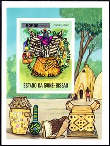 Souvenir Sheet, Centenary of U.P.U - Overprint in black, Guinea-Bissau,  , Folklore, Masks, U.P.U.