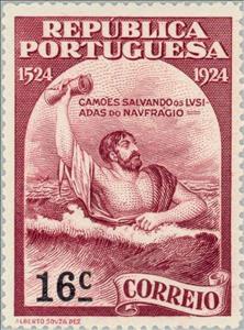 Stamp, Camões saving «Os Lusíadas» from the shipwreck , Portugal,  , Poems, Literary People (Poets and Writers)