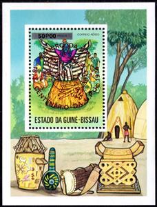 Souvenir Sheet, Centenary of U.P.U - Overprint in red, Guinea-Bissau,  , Folklore, Masks, U.P.U.