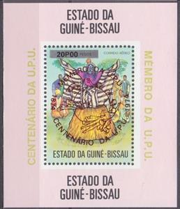 Souvenir Sheet, Centenary of U.P.U - Overprint in red, Guinea-Bissau,  , Folklore, Masks, U.P.U.