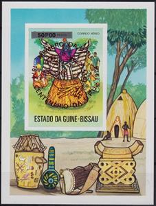 Souvenir Sheet, Centenary of U.P.U - Overprint in red, Guinea-Bissau,  , Folklore, Masks, U.P.U.