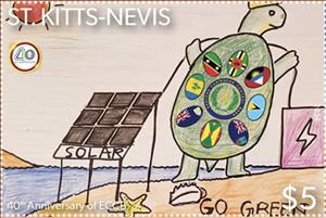 Stamp, East Caribbean Currency Board, 40 Years, Saint Kitts,  , Finance, Flags, Joint Issues, Turtles