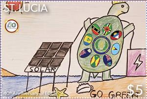 Stamp, East Caribbean Currency Board, 40 Years, Saint Lucia,  , Finance, Flags, Joint Issues, Turtles